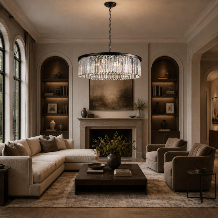 Large 84cm Round K9 Crystal Chandelier – Brass or Bronze 8-Light Art Deco Ceiling Pendant