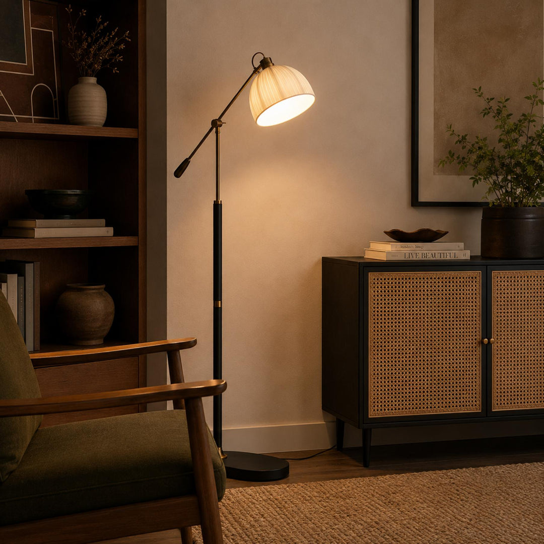 Industrial Floor Lamp Adjustable Height Metal and Wood Construction Dimmable LED for Living Room