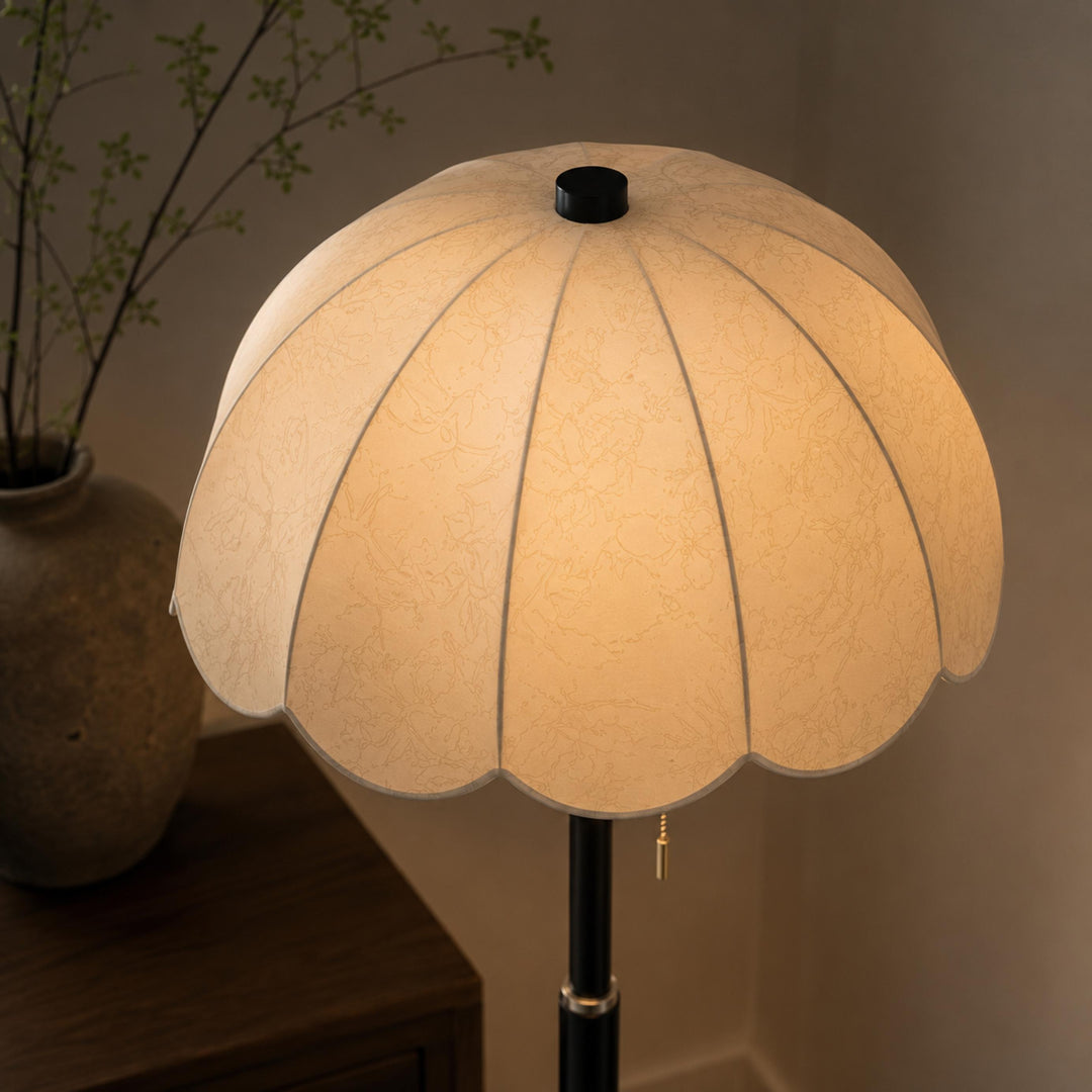 Modern Floor Lamp with Wooden Base and Fabric Shade Adjustable Height E14 Bulb for Living Room