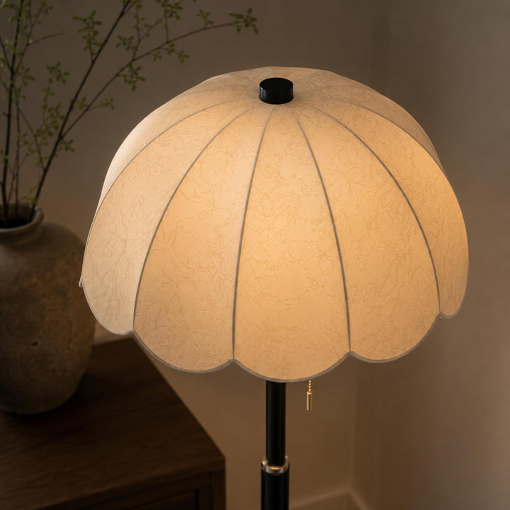 Modern Floor Lamp with Wooden Base and Fabric Shade Adjustable Height E14 Bulb for Living Room