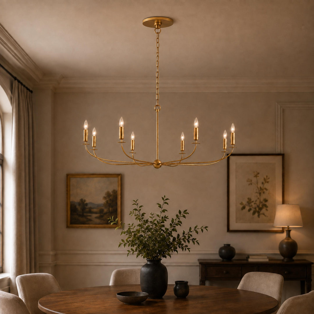 Large Antique Gold Leaf Round Chandelier – 6 or 8 Light Iron Dining Room Ceiling Light