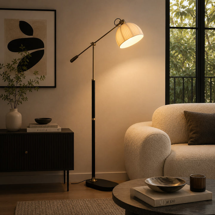 Industrial Floor Lamp Adjustable Height Metal and Wood Construction Dimmable LED for Living Room