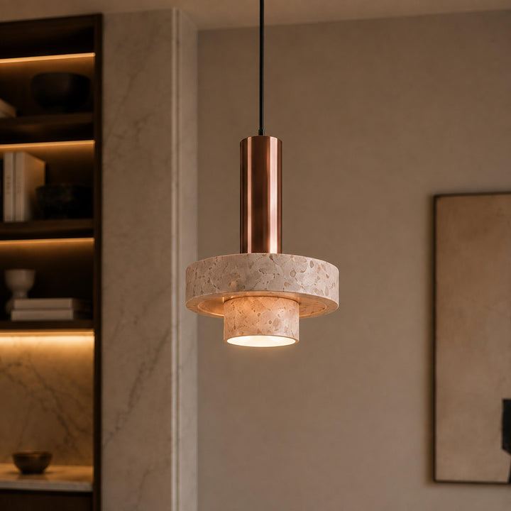 Modern Pendant Lamp Hanging Terrazzo and Metal Construction Adjustable Height for Indoor Use