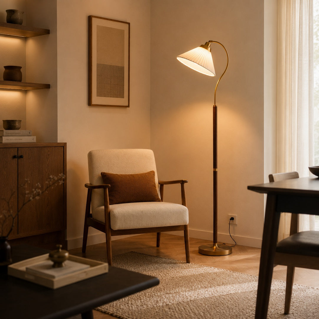 Modern Floor Lamp with Pleated Shade and Wooden Base Adjustable Height for Indoor Use AC 110-240V