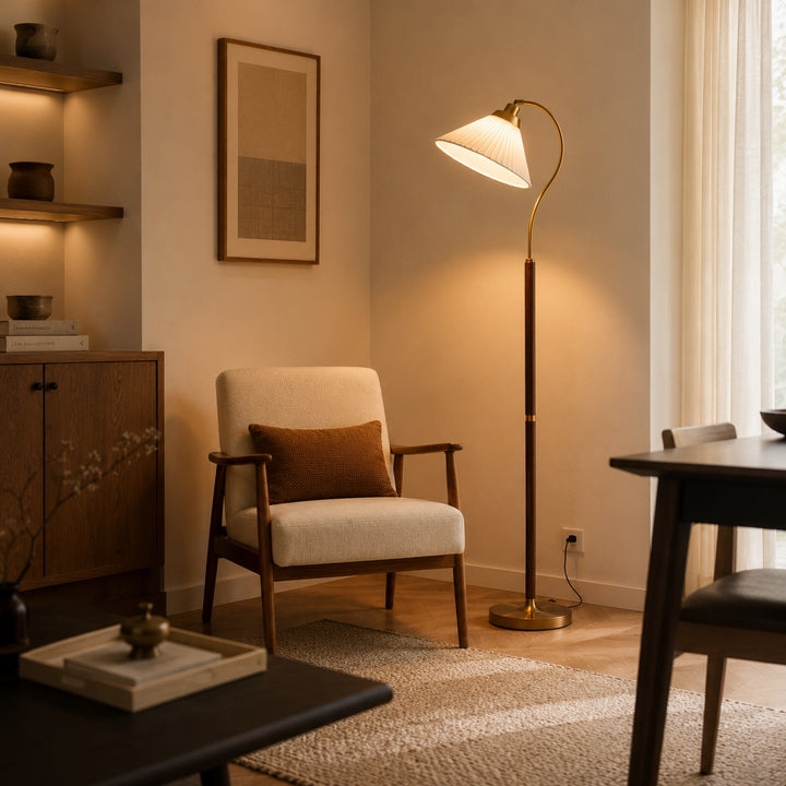 Modern Floor Lamp with Pleated Shade and Wooden Base Adjustable Height for Indoor Use AC 110-240V