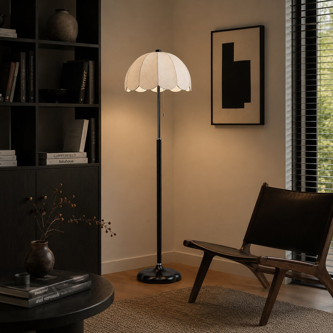 Modern Floor Lamp with Wooden Base and Fabric Shade Adjustable Height E14 Bulb for Living Room