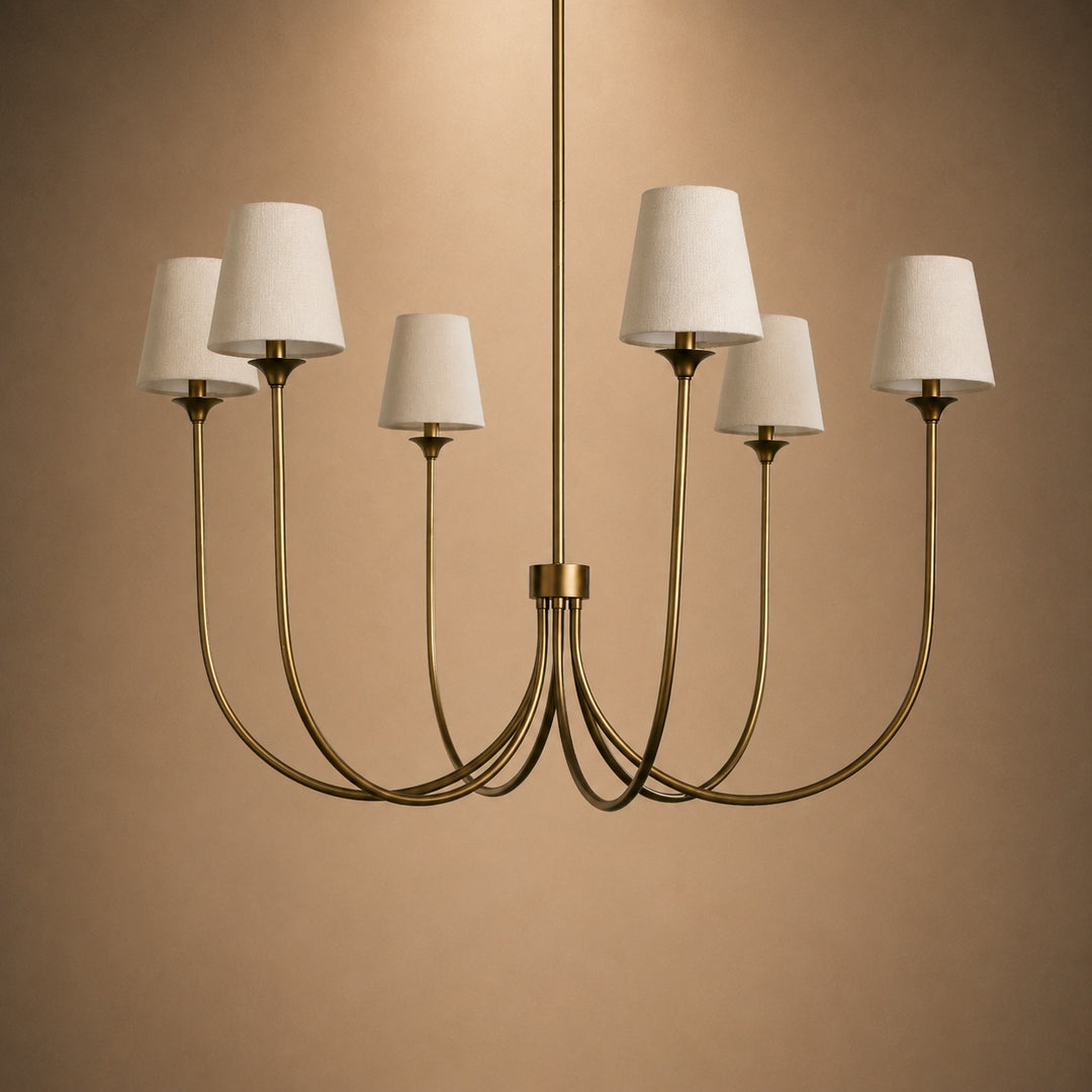 Large Round Chandelier with Off-White Shades – Brass or Bronze
