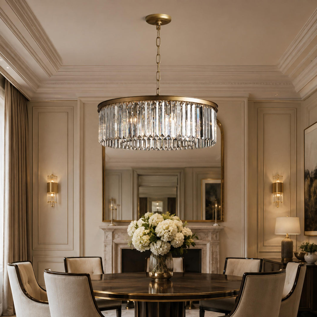 Large 84cm Round K9 Crystal Chandelier – Brass or Bronze 8-Light Art Deco Ceiling Pendant