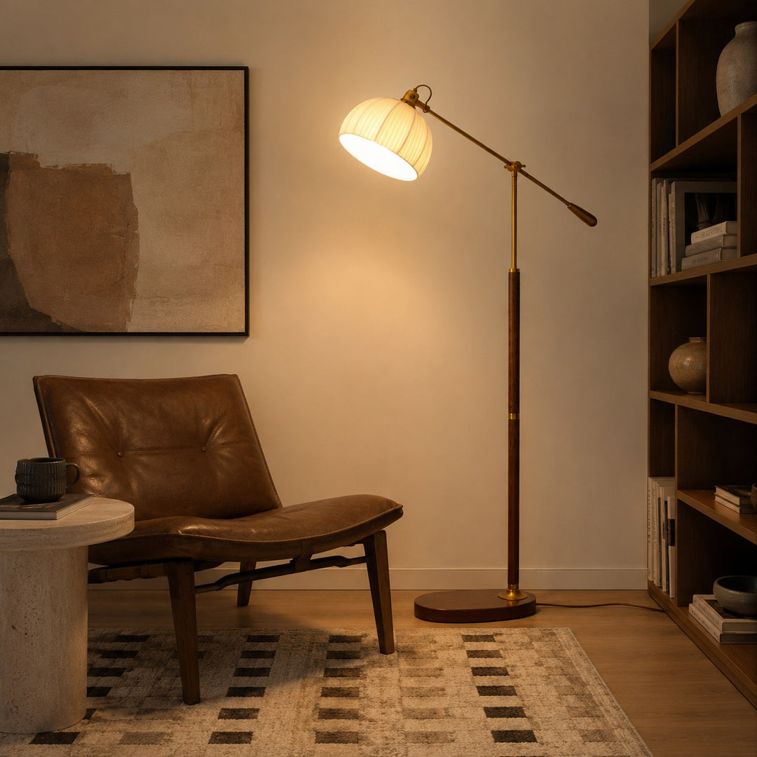 Industrial Floor Lamp Adjustable Height Metal and Wood Construction Dimmable LED for Living Room