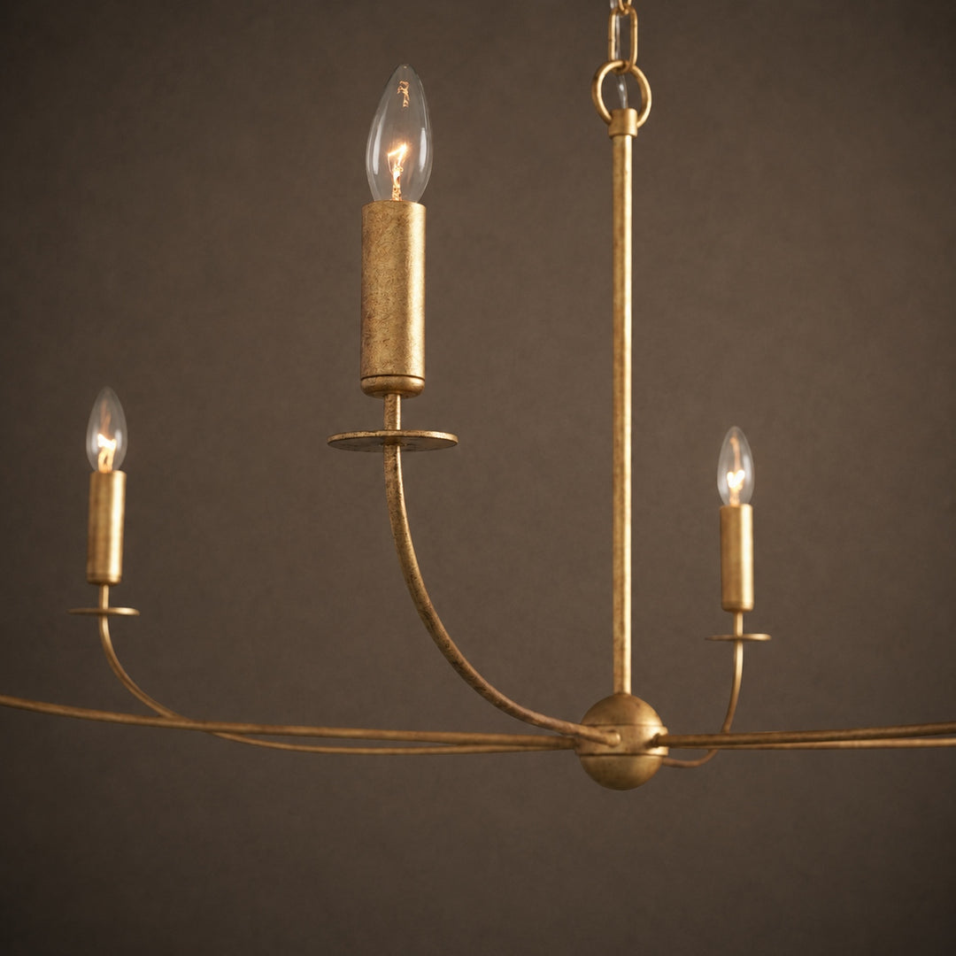 Large Antique Gold Leaf Round Chandelier – 6 or 8 Light Iron Dining Room Ceiling Light