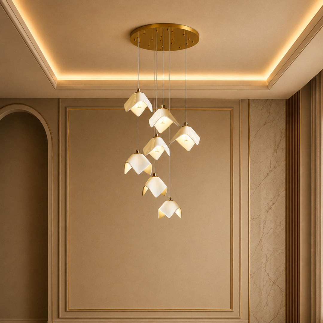 Modern Chandelier Ceiling Light Adjustable Gold Metal and Ceramic LED Fixture 7 to 64 Bulbs