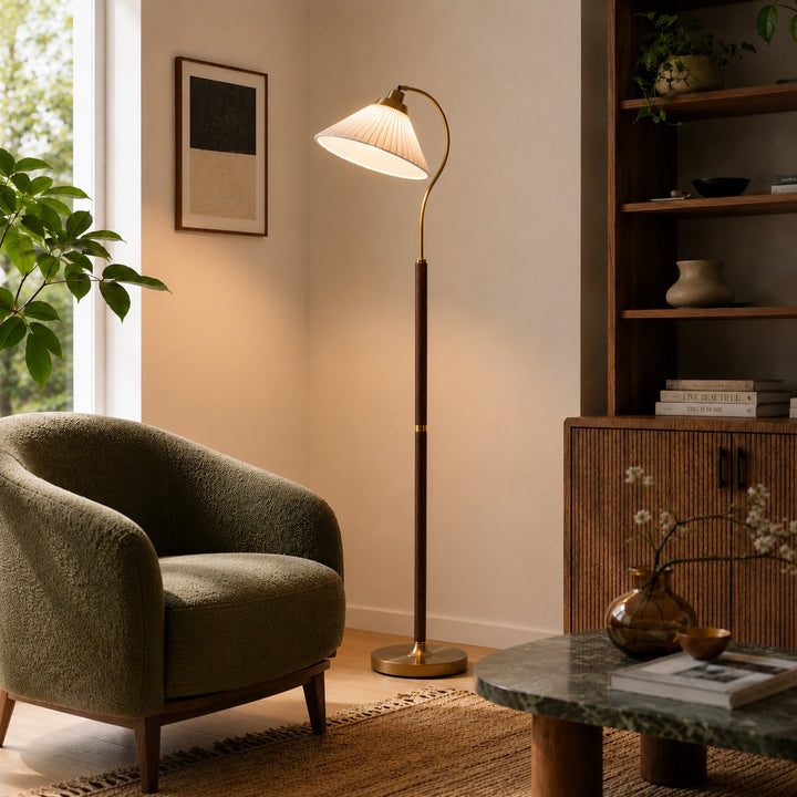 Modern Floor Lamp with Pleated Shade and Wooden Base Adjustable Height for Indoor Use AC 110-240V