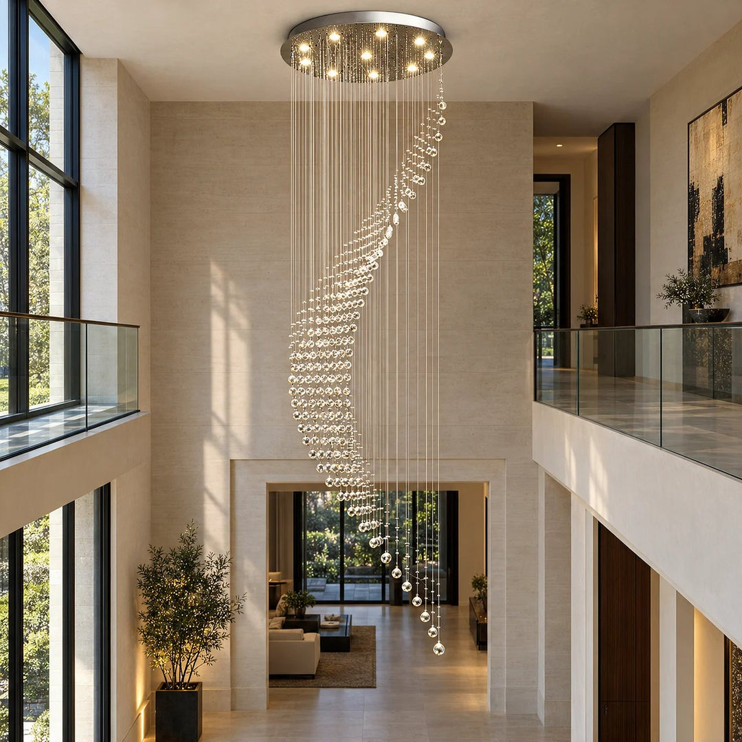 Modern Spiral Crystal Chandelier Adjustable Height Metal Frame 6 to 15 Bulbs for Foyer