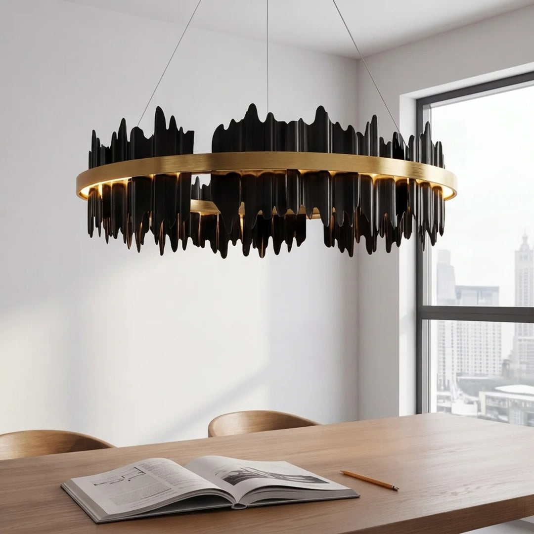 Modern Chandelier Adjustable Height Metal LED Dimmable Black Gold Finish Hanging Light Fixture