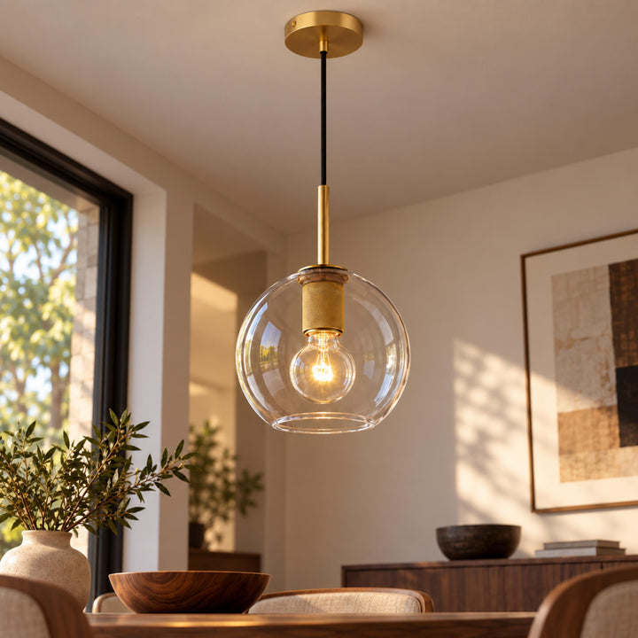Modern Clear Glass Globe Pendant Light with Brass Finish – E27 Ceiling Light