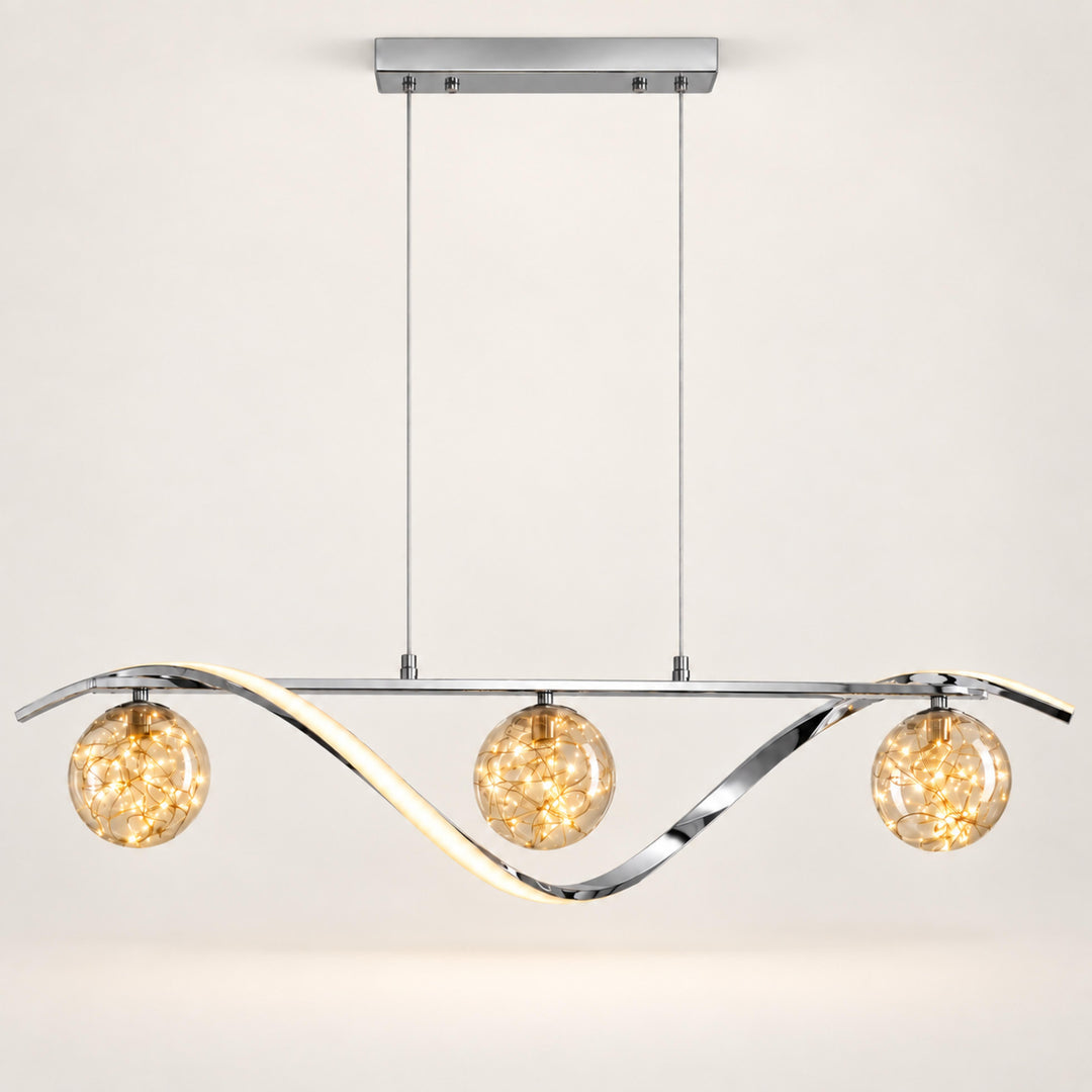 Modern Linear Pendant Light with Adjustable Height Metal Frame and LED Glass Globe Shades for Kitchen Island