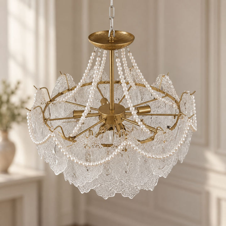 Modern Glass Chandelier Light Pendant Fixture Ceiling Mounted with Pearl Accents for Ambient Illumination